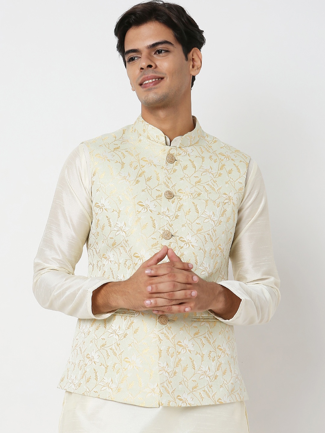 

Ethnicity Men Green Printed Nehru Jackets