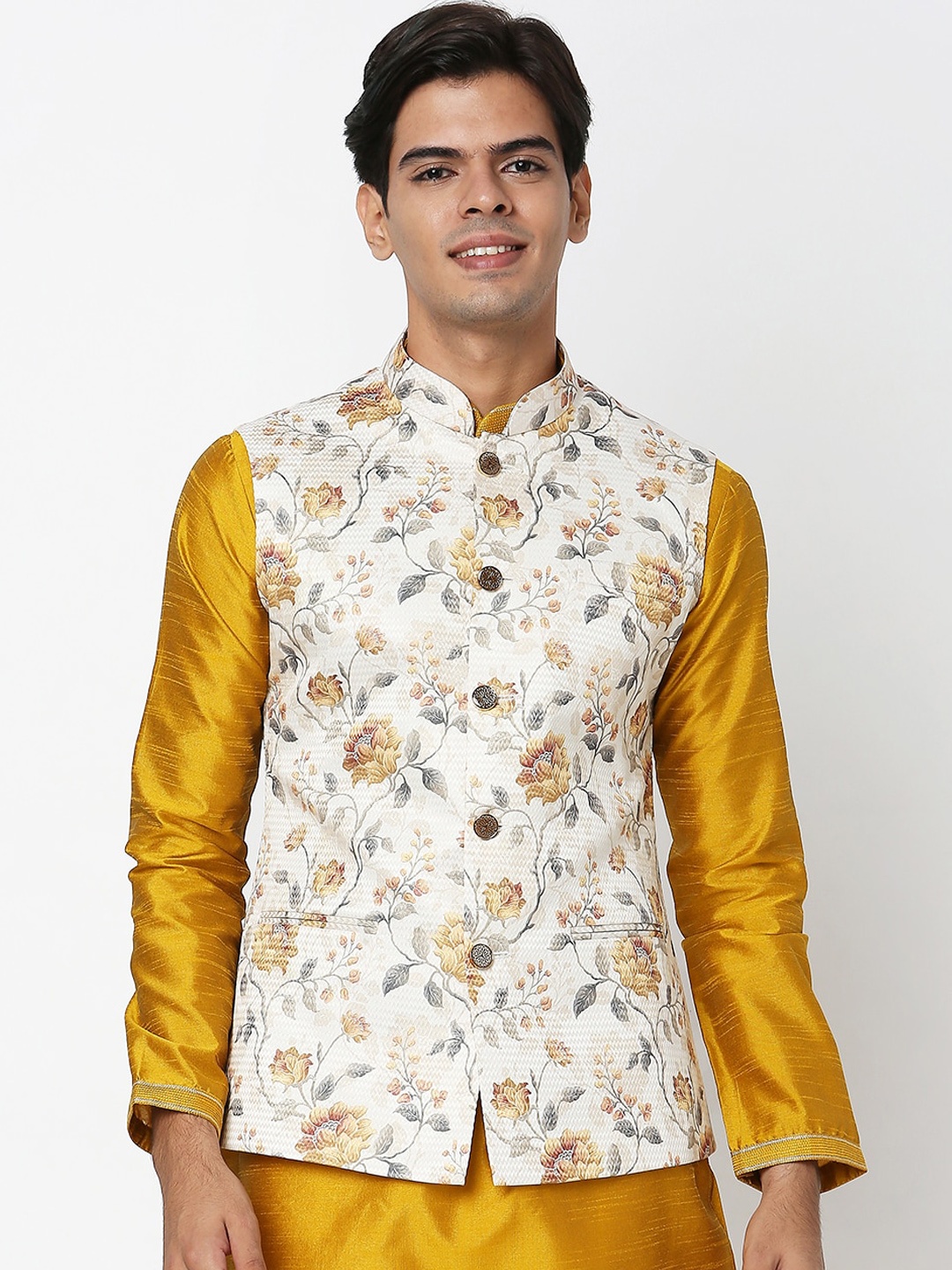 

Ethnicity Men White & Brown Floral Printed Polyester Nehru Jacket