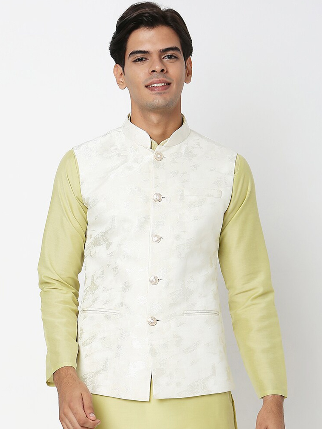 

Ethnicity Men Cream Colored Self-Design Nehru Jackets