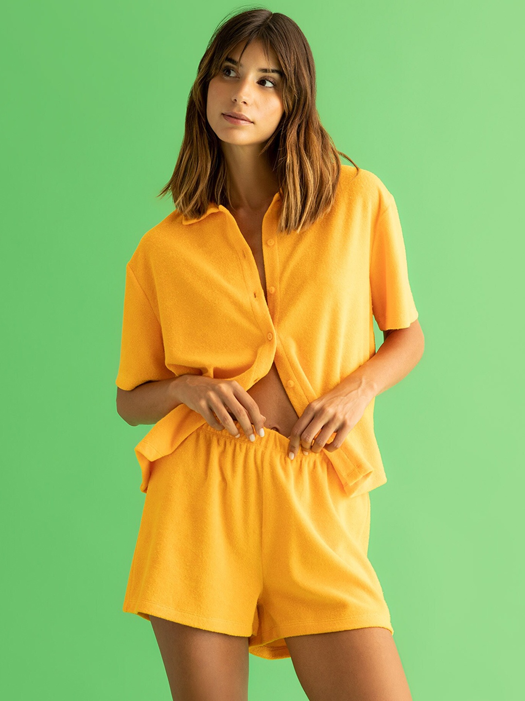 

DeFacto Women Yellow Shirt with Shorts Co-Ords Set