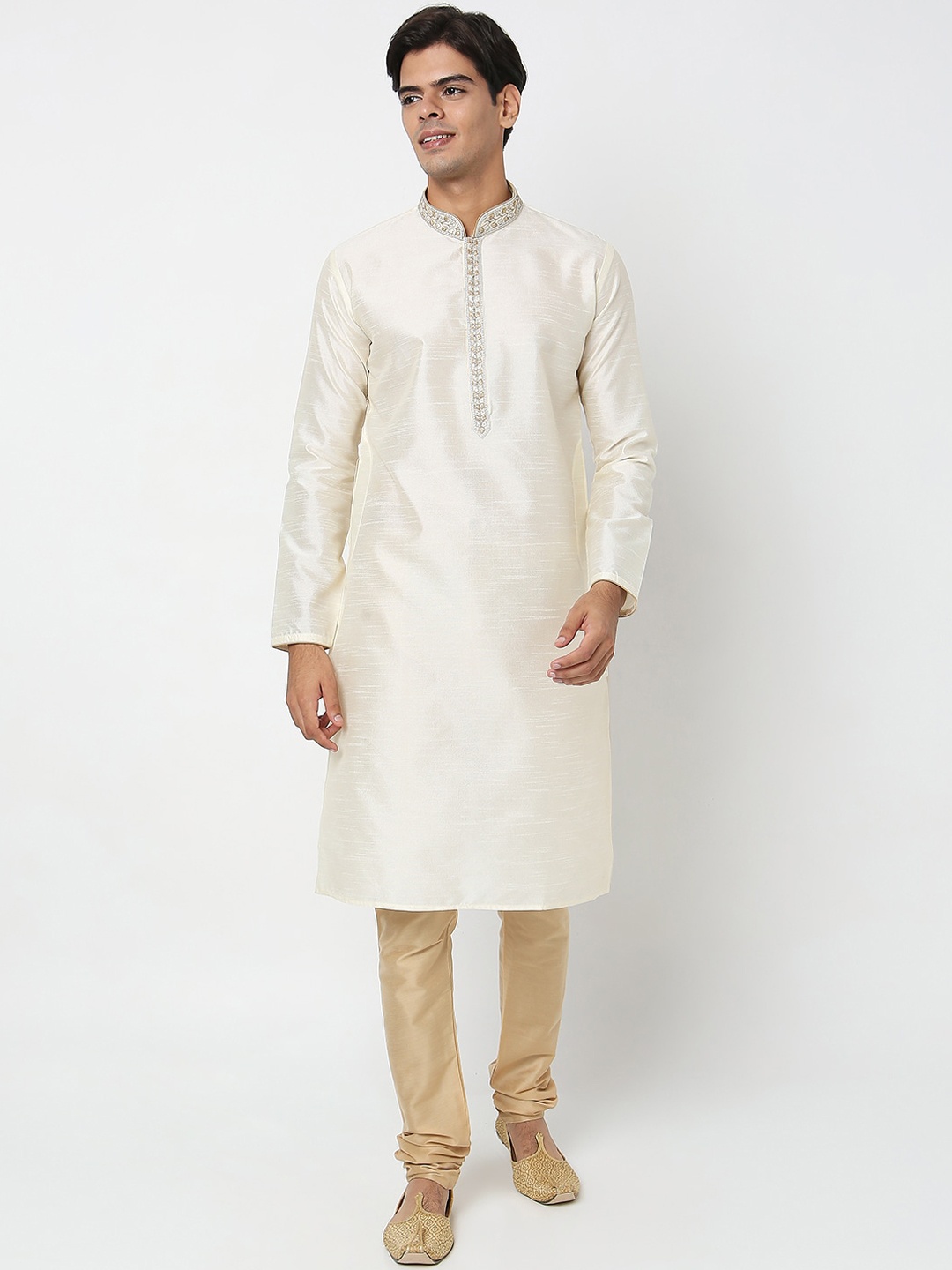 

Ethnicity Men Off White Thread Work Kurta with Churidar