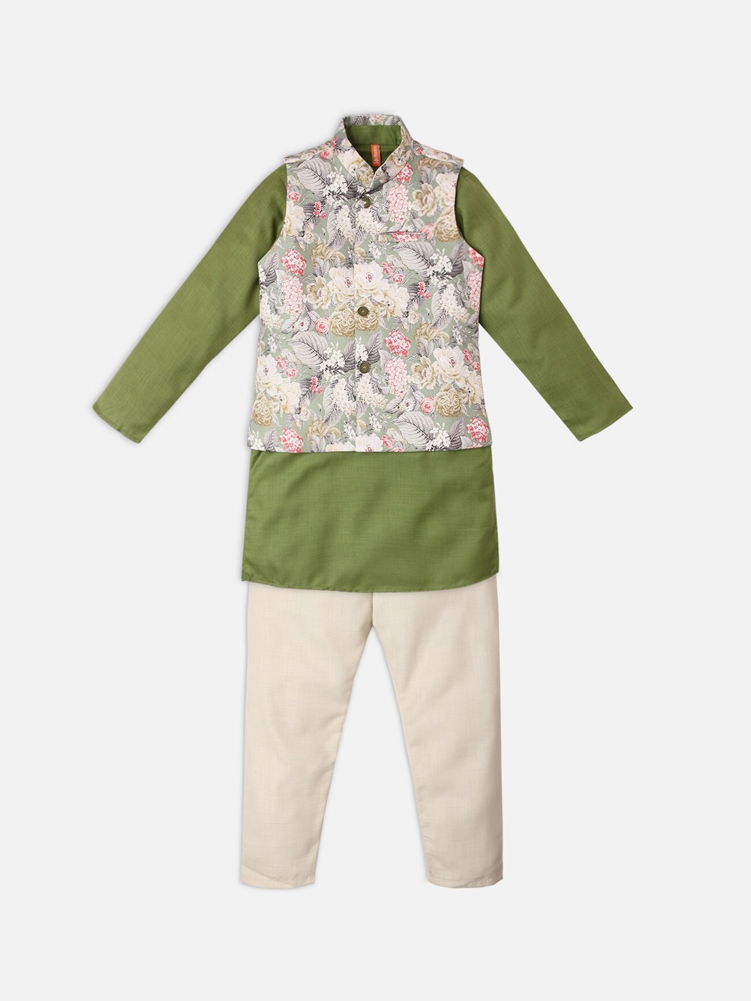 

Ethnicity Boys Floral Kurta Pyjama & Jacket Set, Green