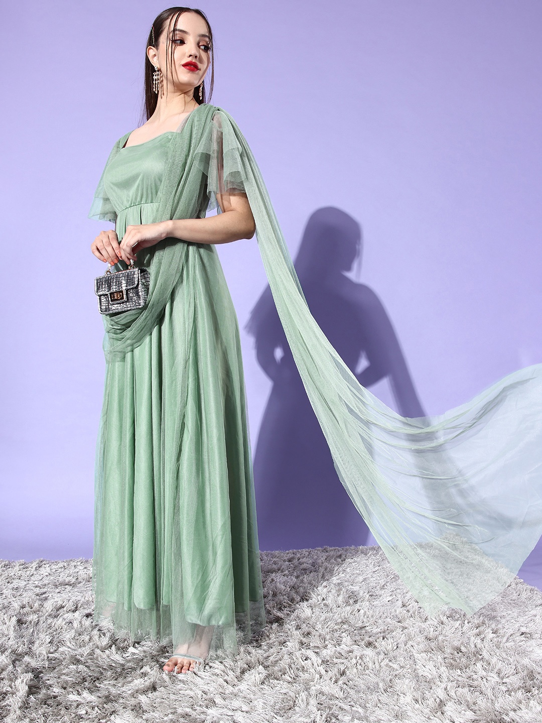 

U&F Green Solid Net Maxi Dress
