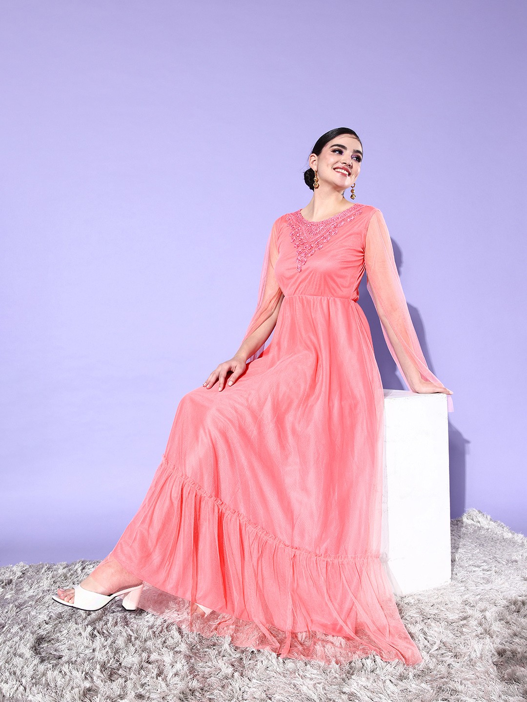 

U&F Peach-Coloured Solid Net Maxi Dress