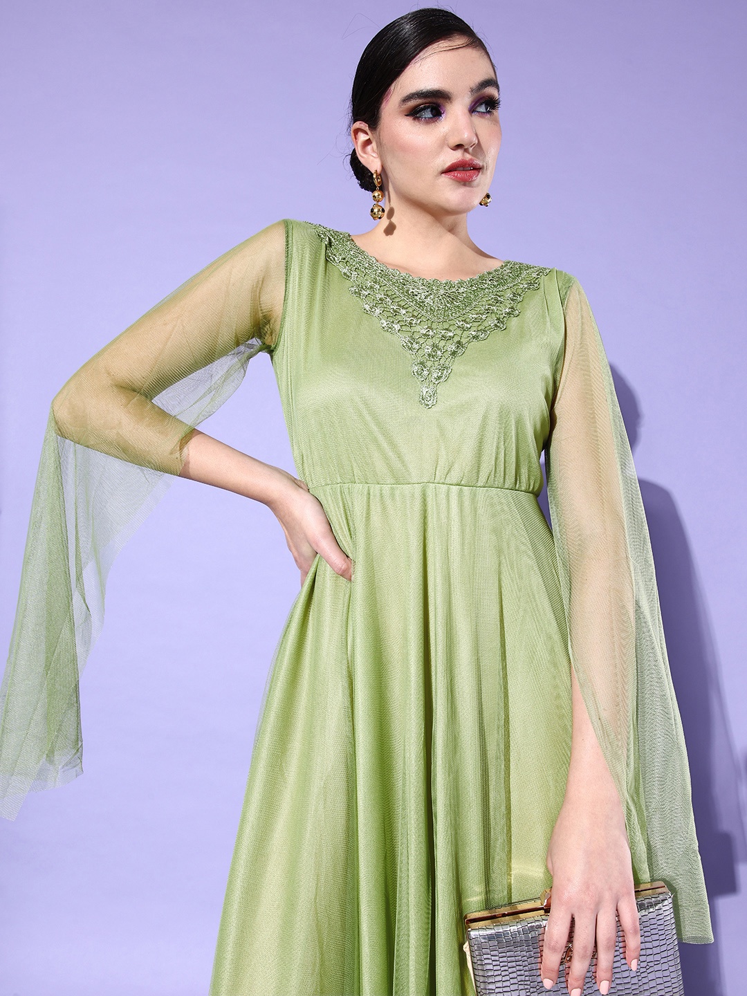 

U&F Green Solid Net Maxi Dress
