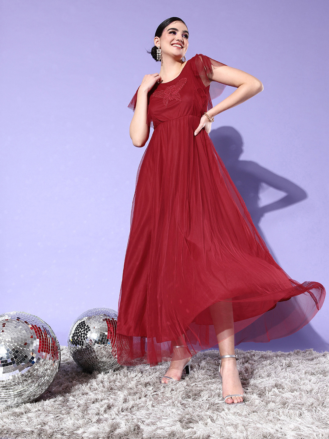 

U&F Maroon Solid Net Maxi Dress
