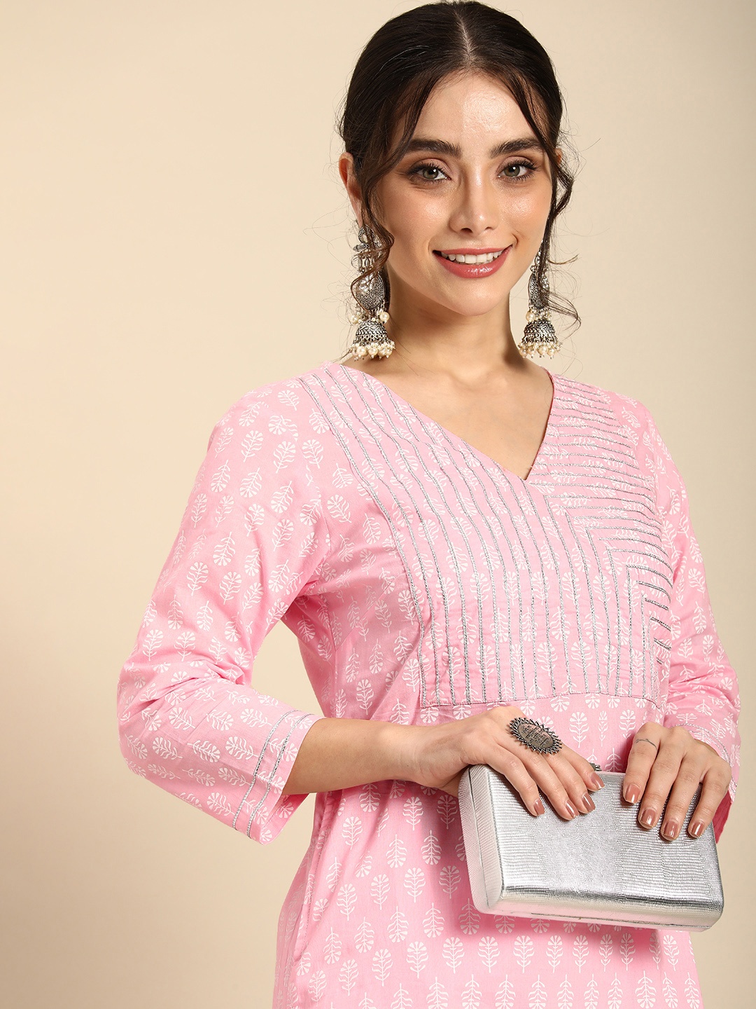 

Sangria Women Pink Printed Gotta Patti Detail Pure Cotton Angrakha Kurta with Trousers