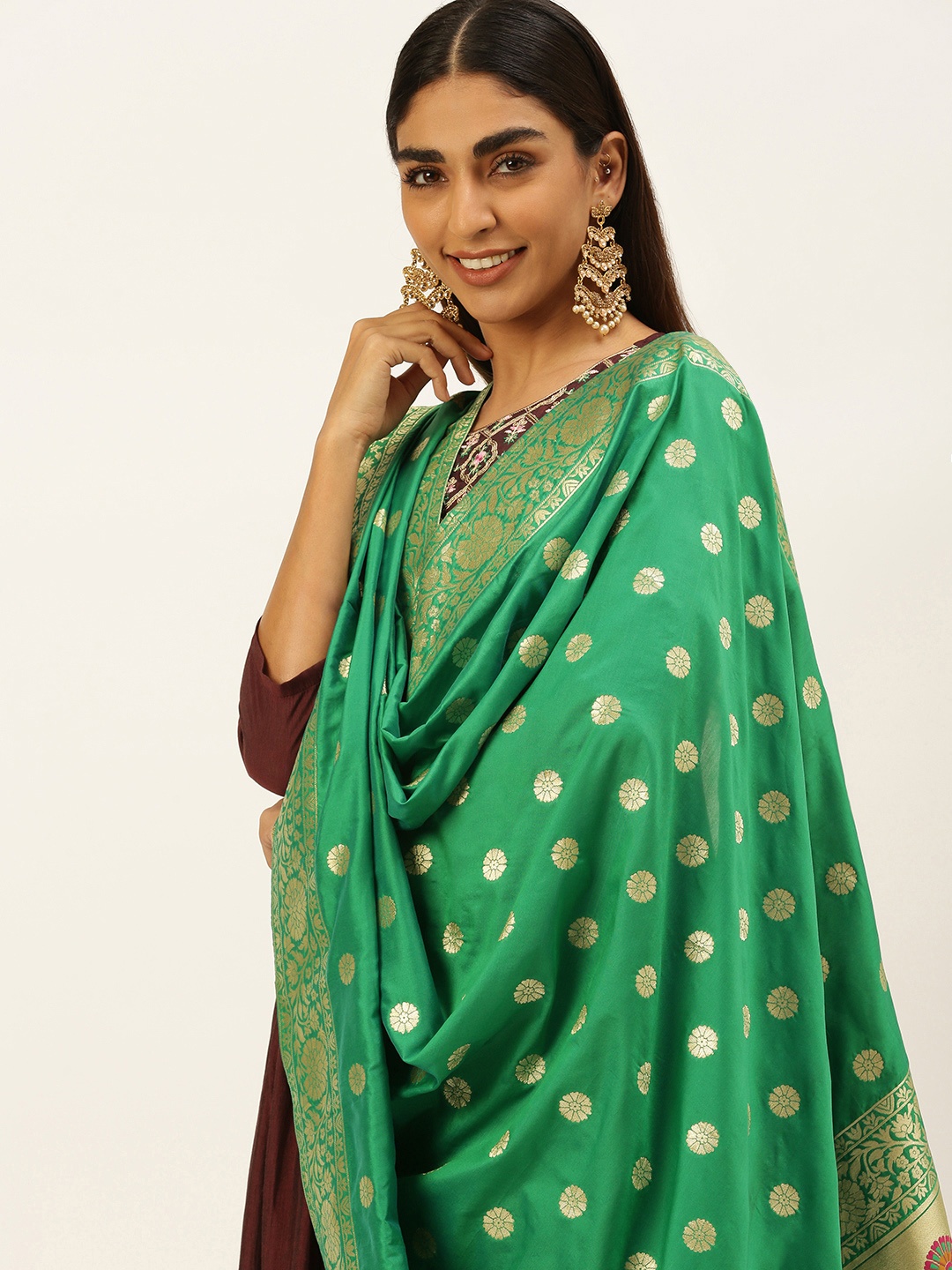 

panchhi Green Ethnic Motifs Woven Design Dupatta with Zari