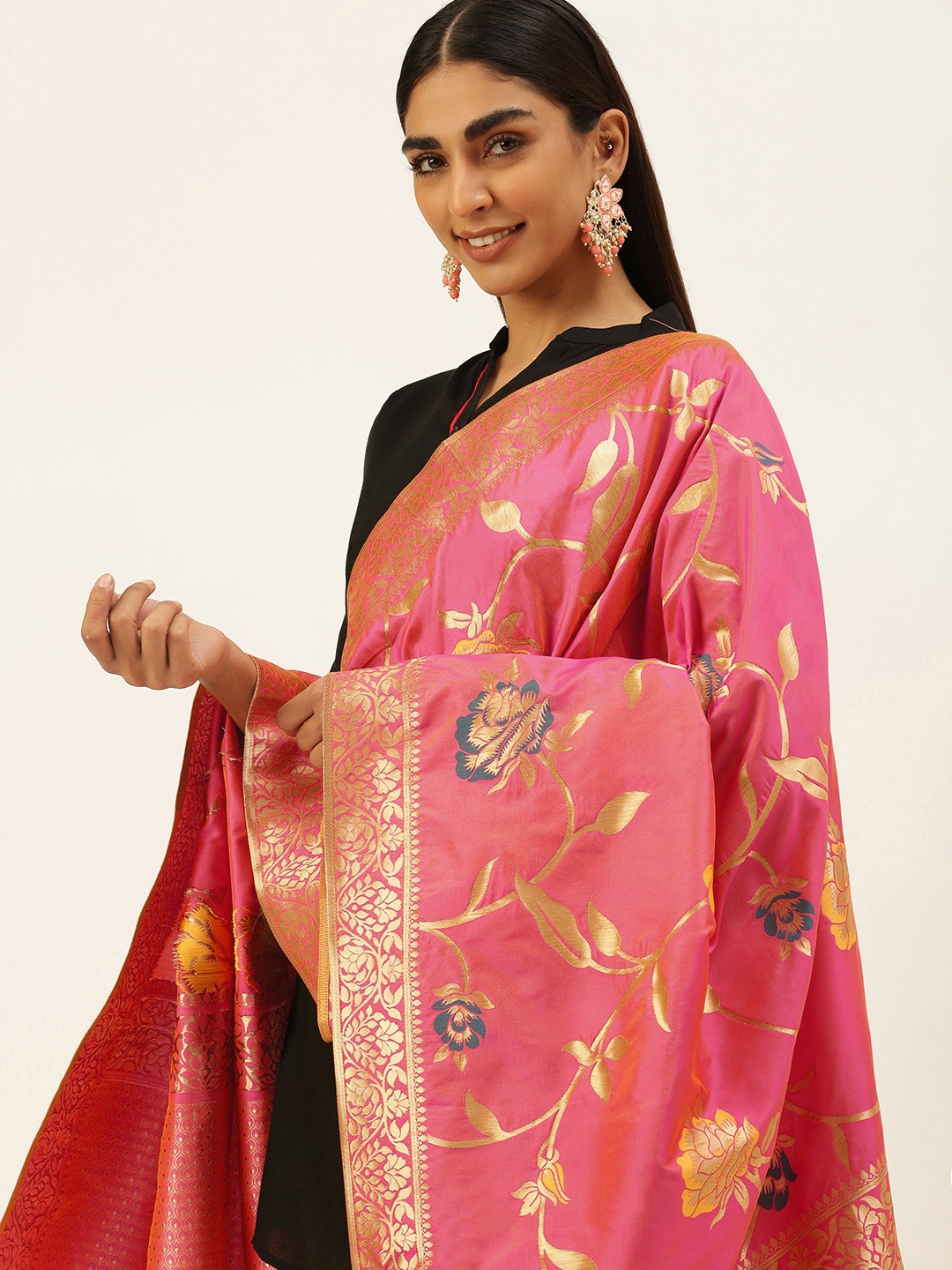 

panchhi Pink & Pink Ethnic Motifs Woven Design Dupatta with Zari