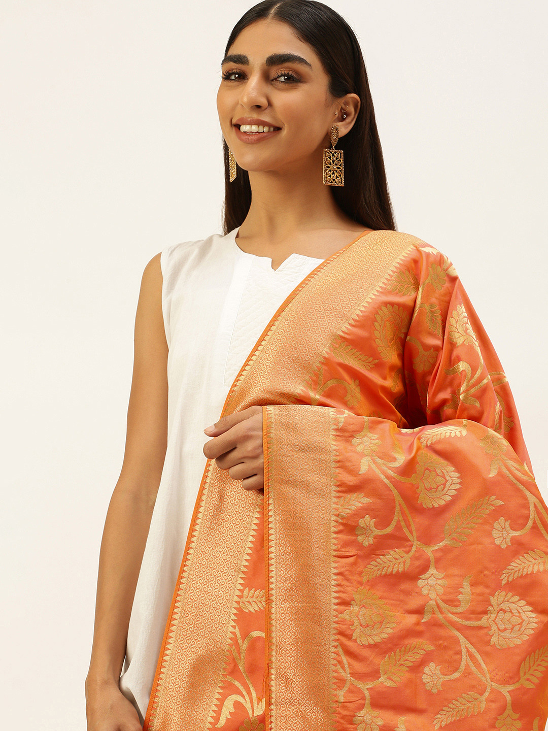 

panchhi Orange Ethnic Motifs Woven Design Dupatta with Zari