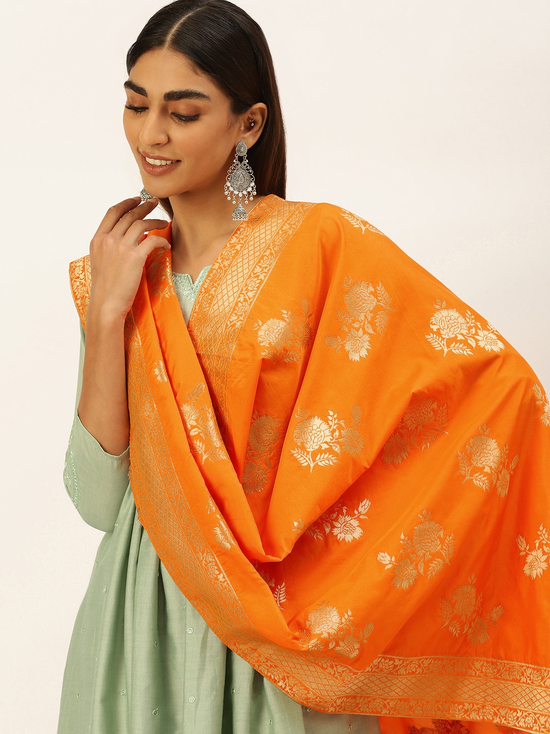 

panchhi Orange Ethnic Motifs Woven Design Dupatta with Zari