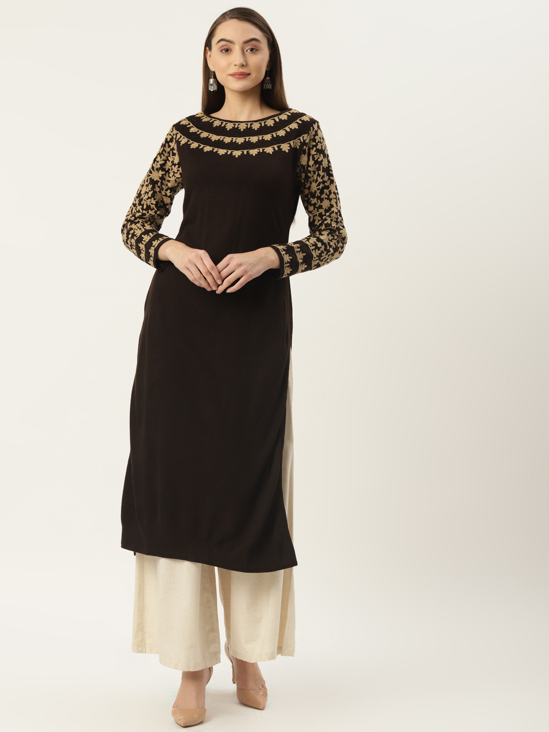 

FABNEST Women Brown & Beige Embroidered Kurta