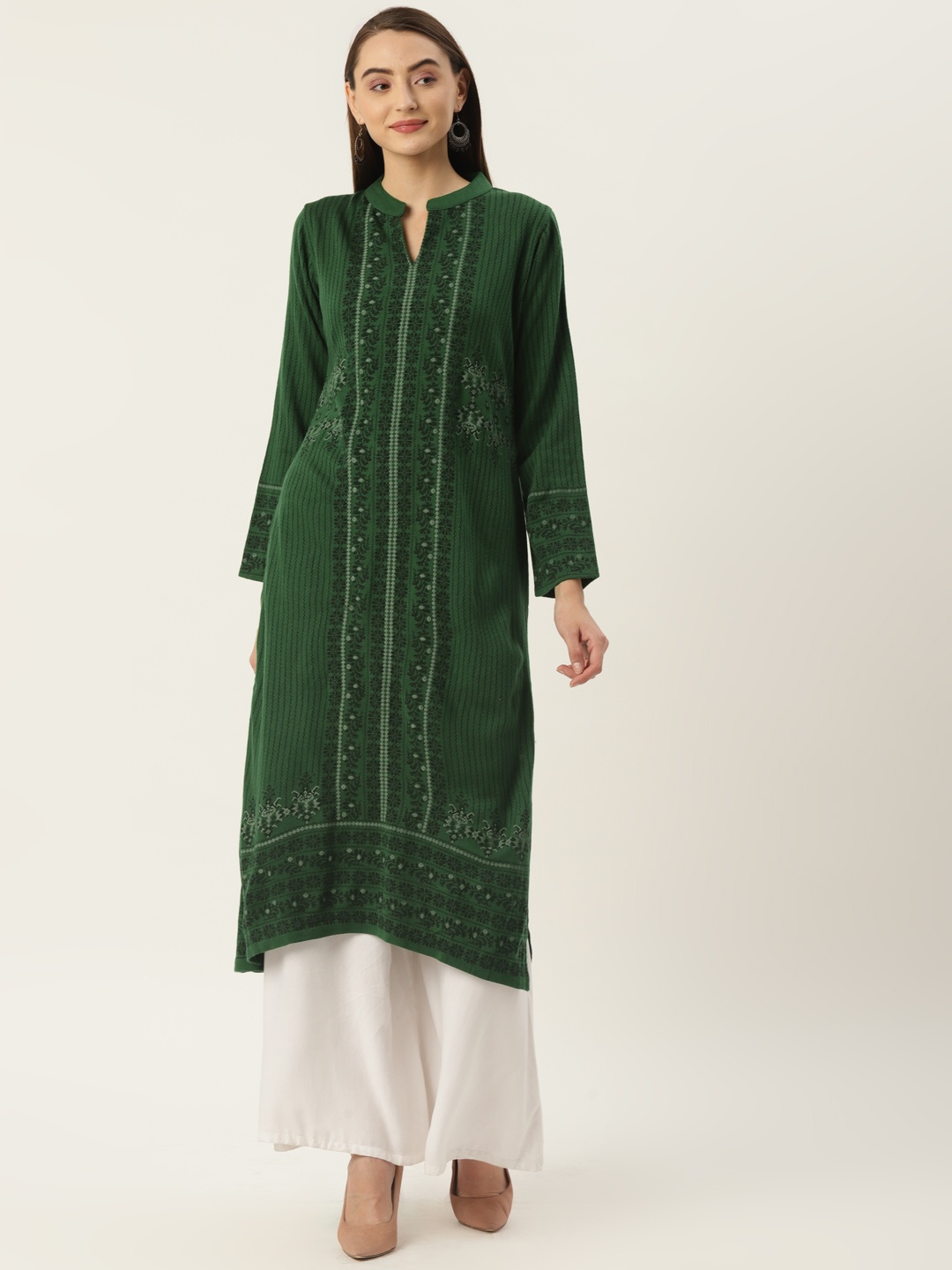 

FABNEST Women Green & Black Mandarin Collar Kurta