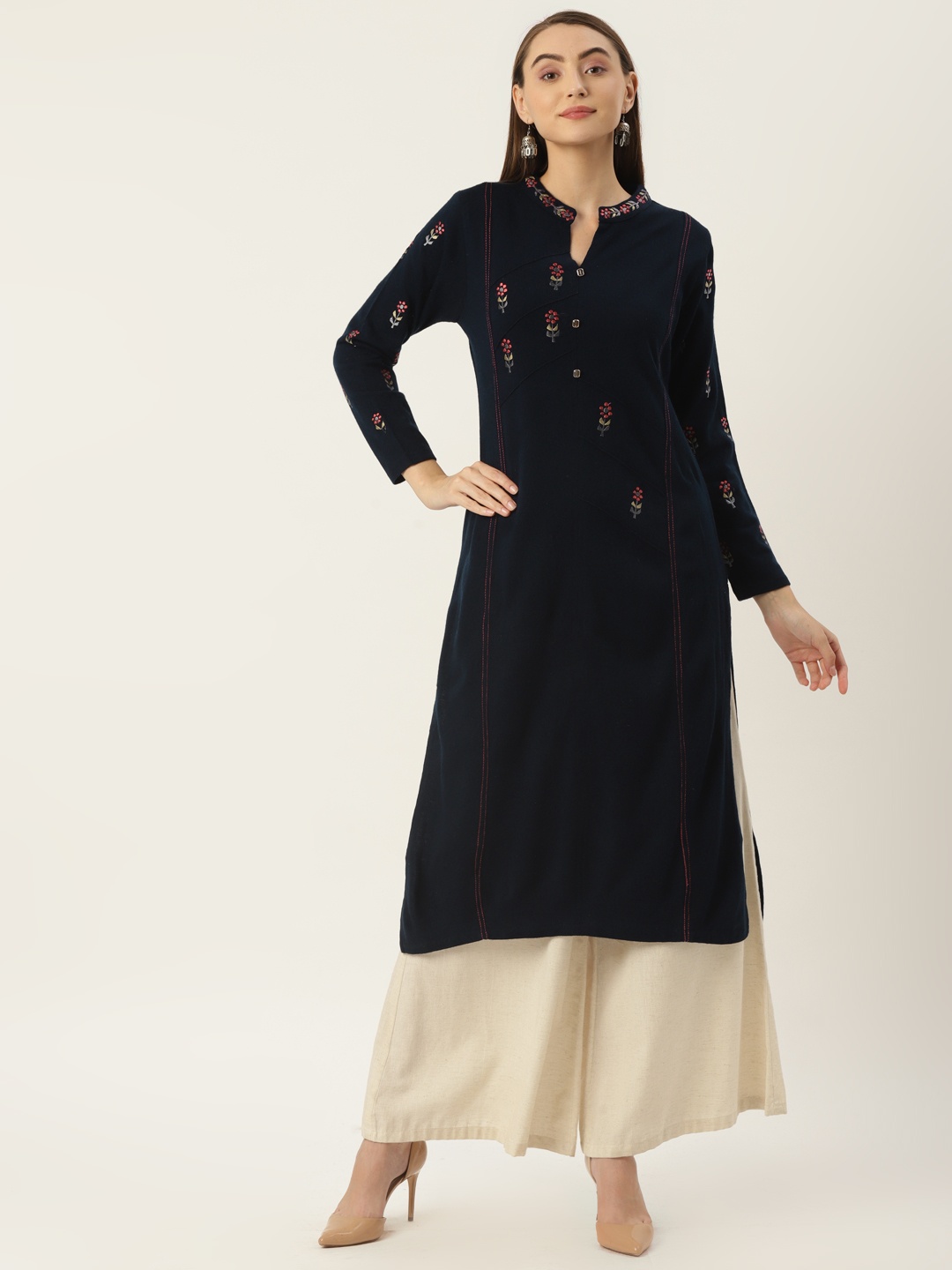 

FABNEST Women Navy Blue Embroidered Kurta