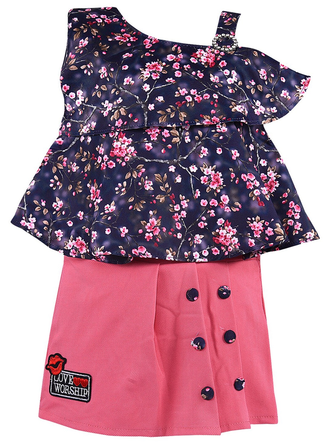 

Wish Karo Girls Pink & Navy Blue Printed Top with Skirt