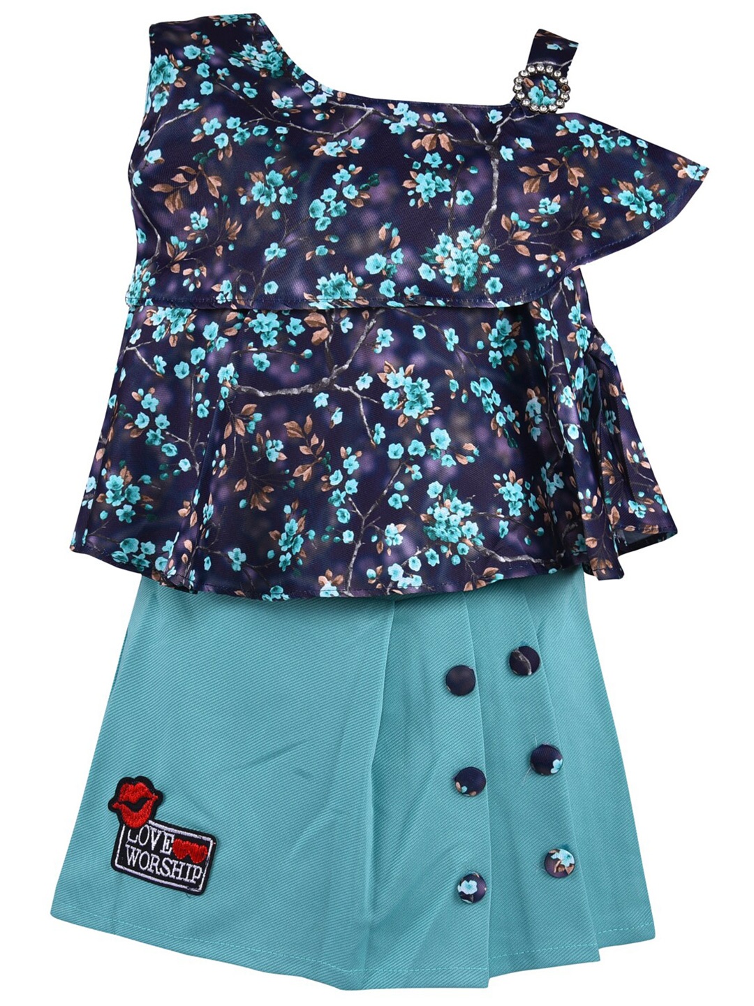 

Wish Karo Girls Sea Green & Violet Printed Top with Skirt