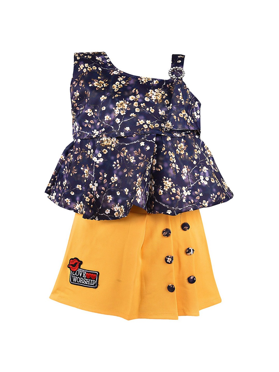 

Wish Karo Girls Yellow & Violet Printed Top with Skirt