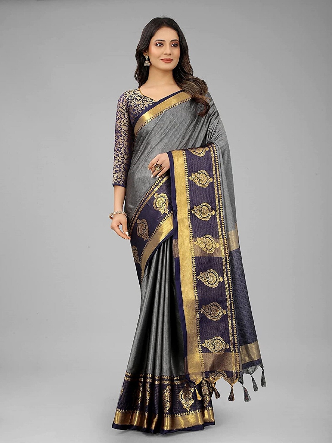 

M M Venture Grey & Gold-Toned Zari Pure Cotton Saree