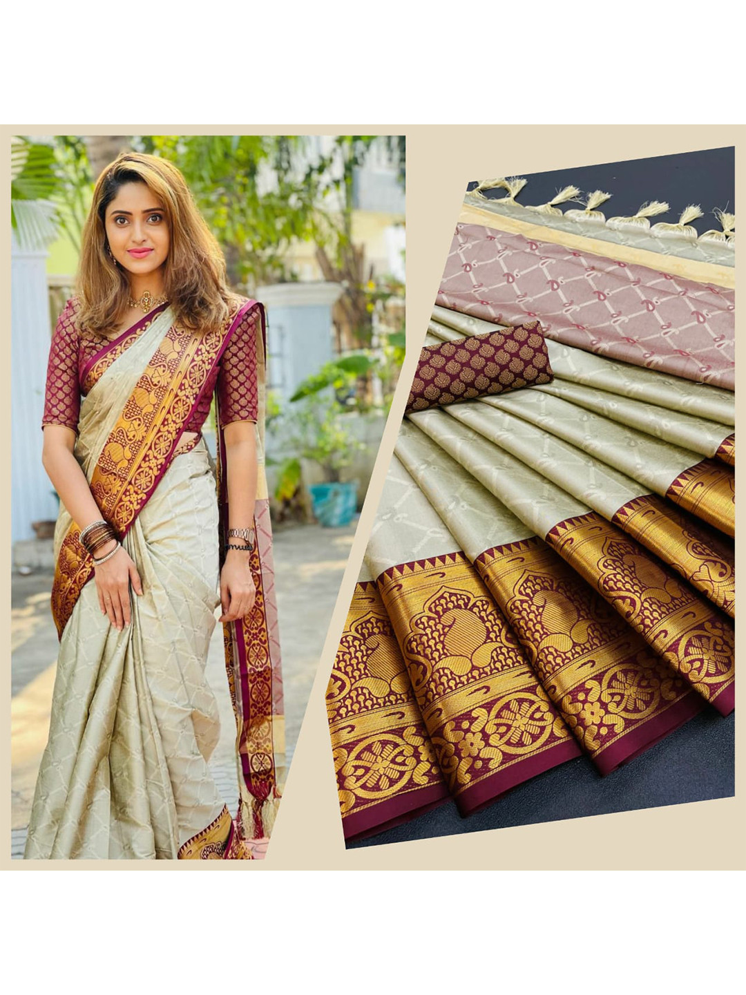 

M M Venture Beige & Gold-Toned Zari Pure Cotton Saree