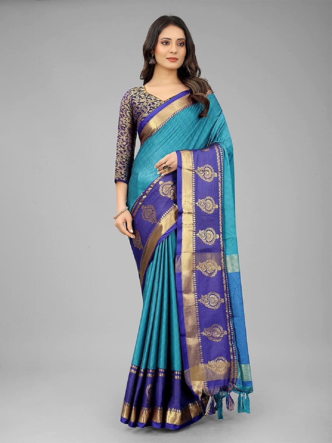

M M Venture Blue & Gold-Toned Zari Pure Cotton Saree