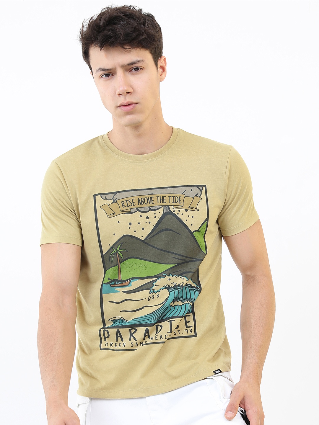 

HIGHLANDER Men Beige Printed Slim Fit T-shirt