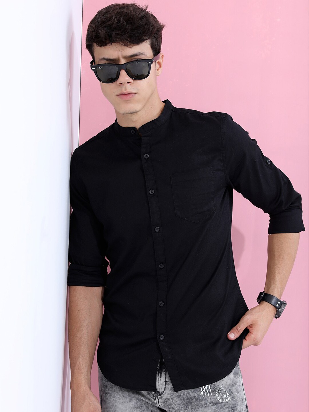 

HIGHLANDER Men Black Slim Fit Cotton Casual Shirt