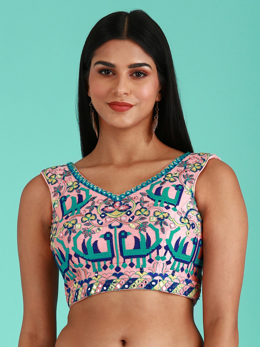 

panchhi Women Pink & Teal Embroidered Art Silk Saree Blouse