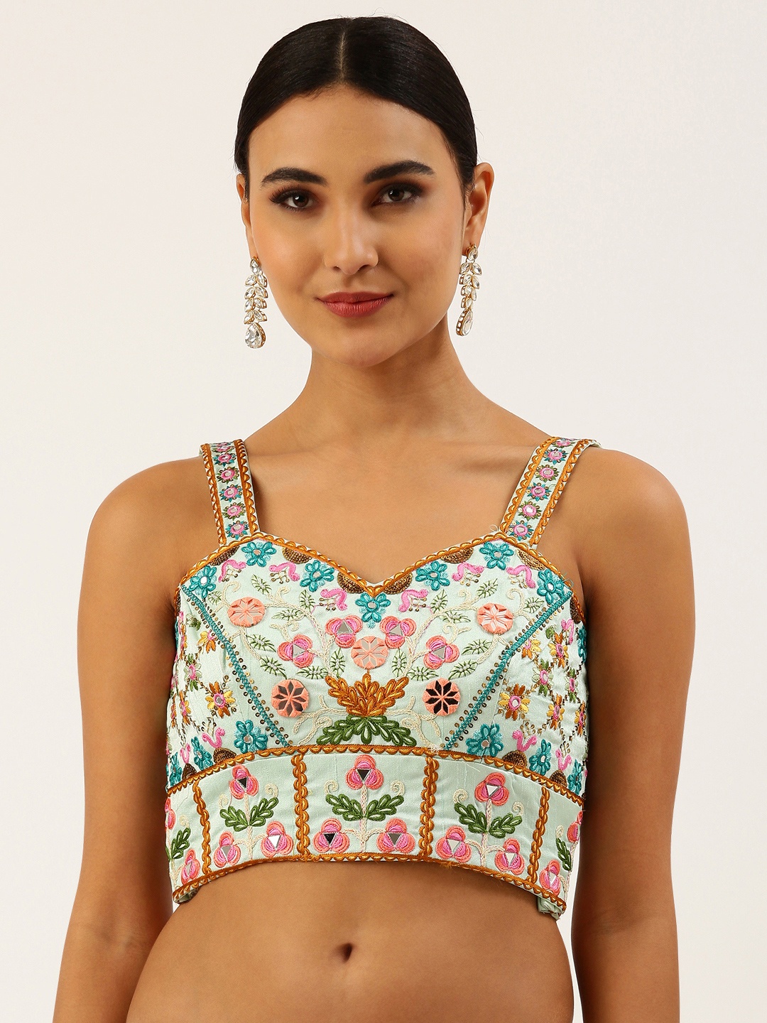 

panchhi Women Turquoise Blue & Pink Embroidered Art Silk Saree Blouse