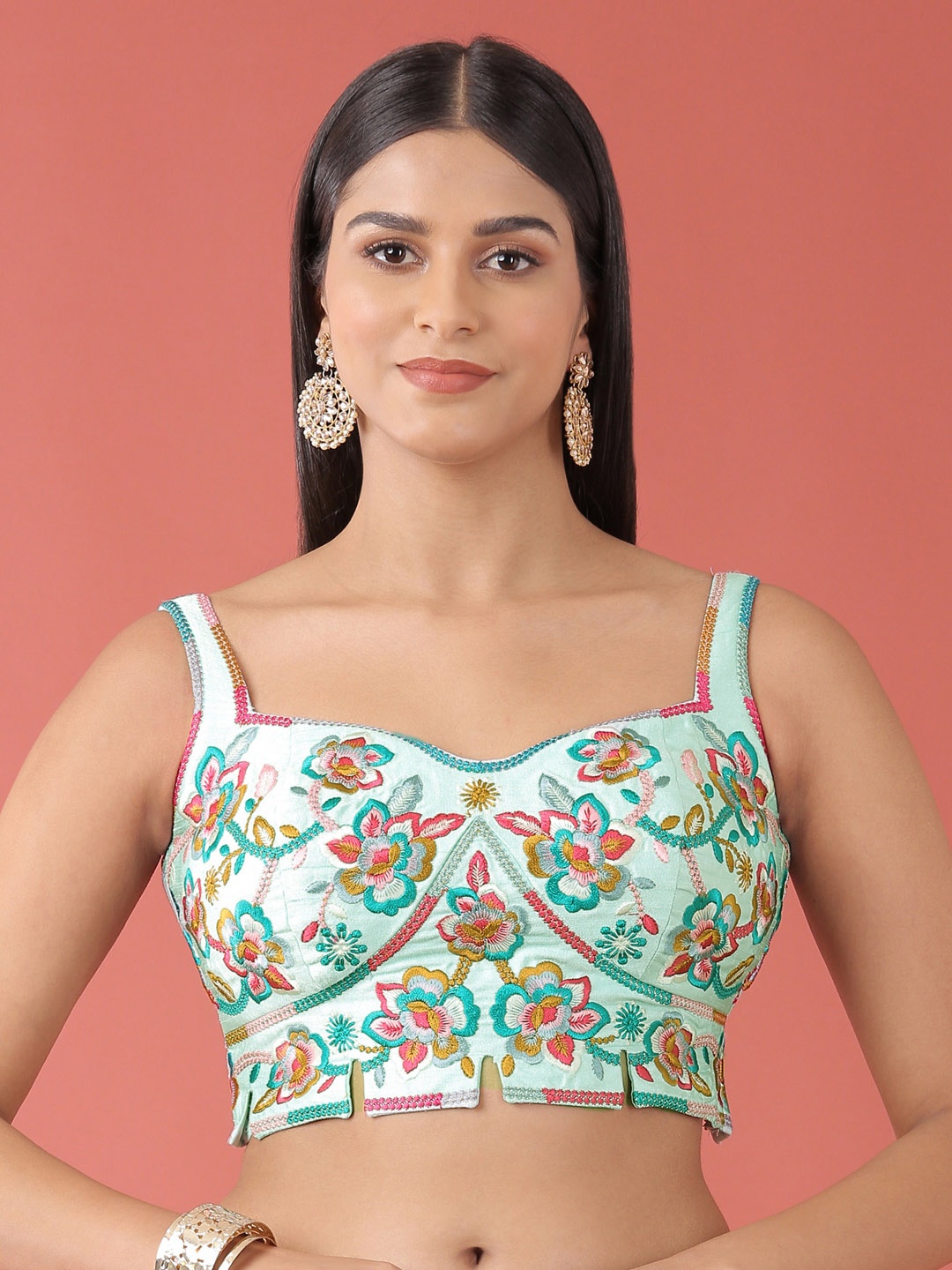 

panchhi Women Turquoise Blue Floral Thread Work Art Silk Saree Blouse