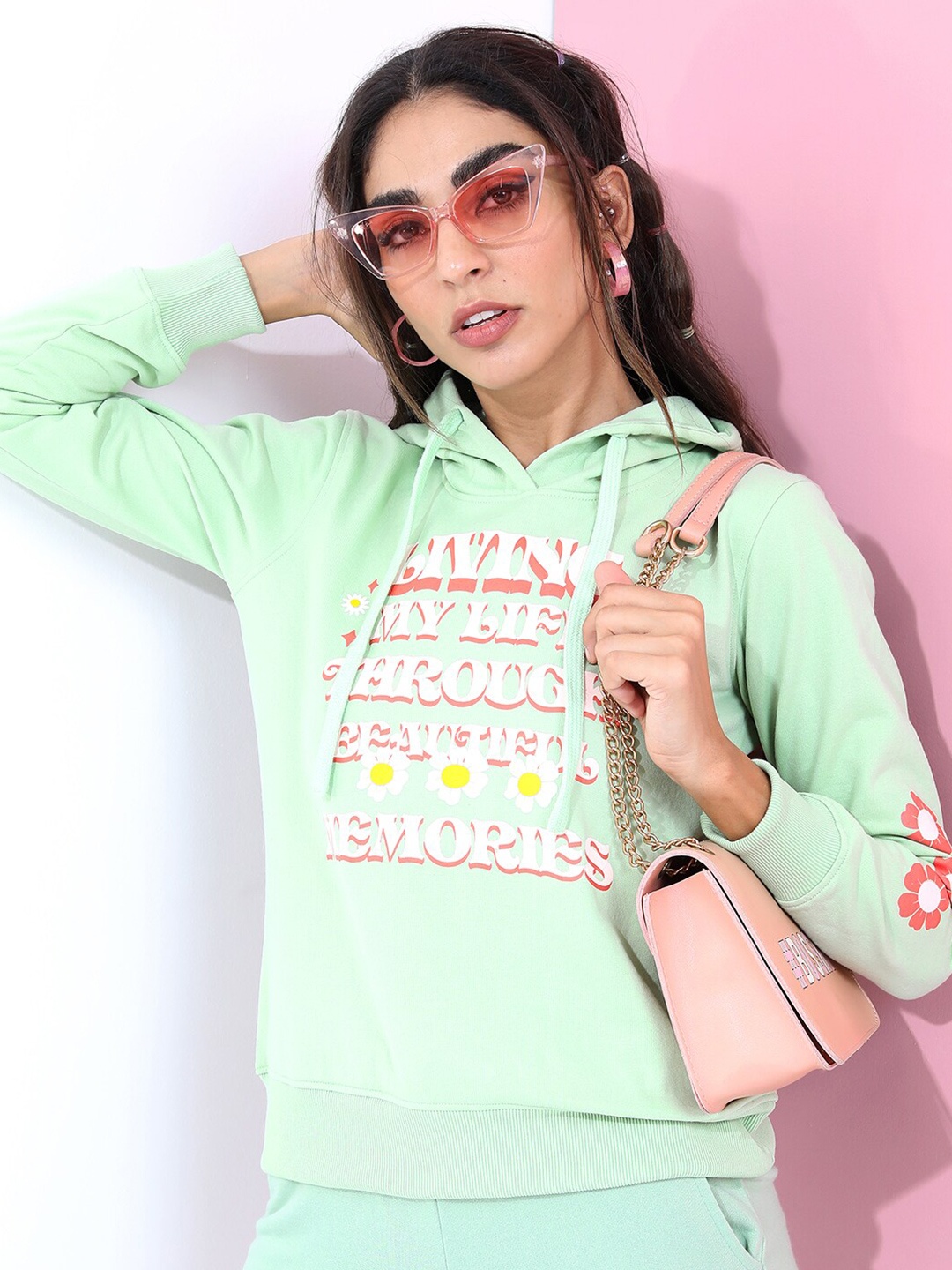 

Tokyo Talkies Women Sea Green Printed Hooded Sweatshirt