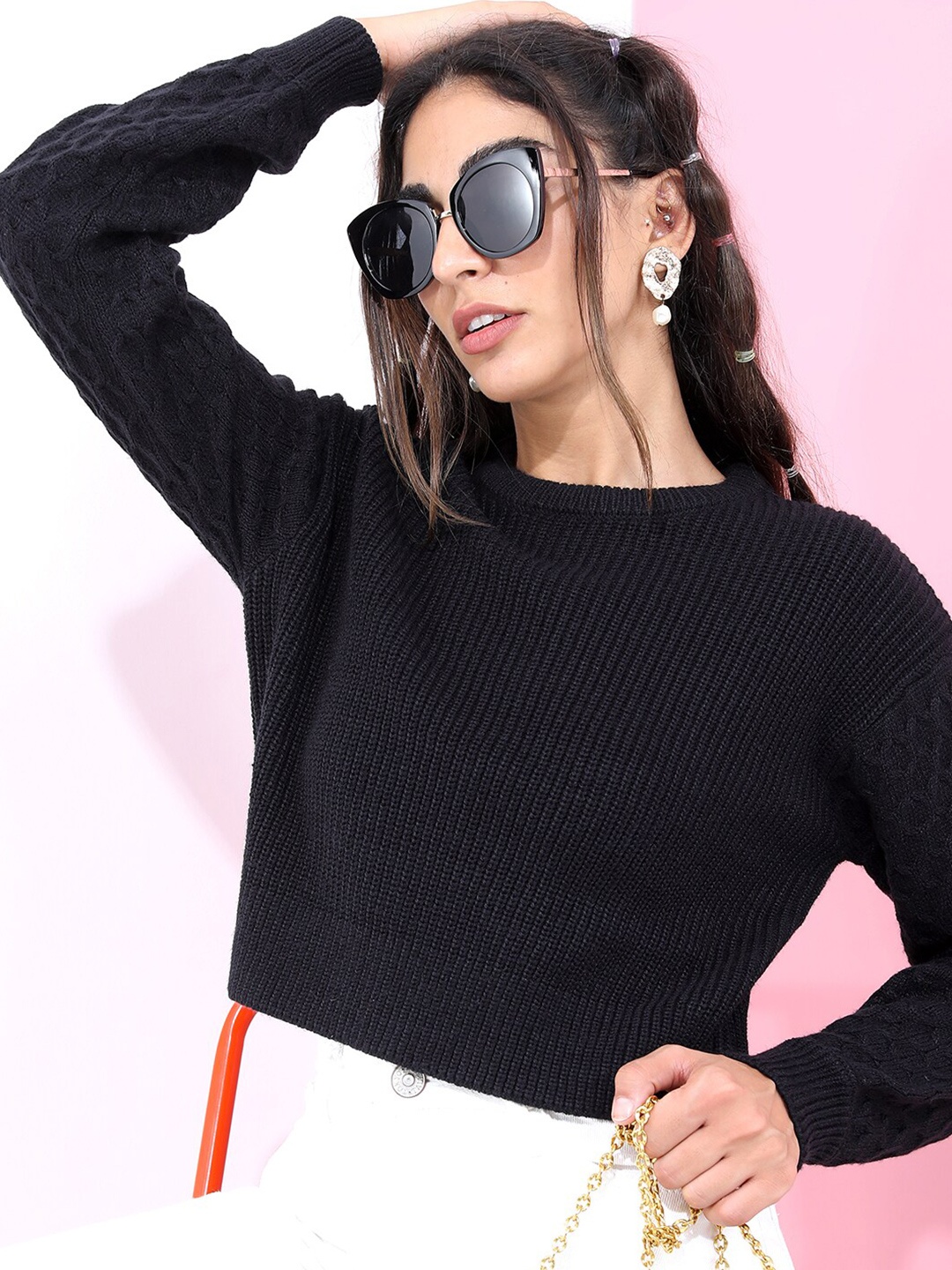

Tokyo Talkies Women Black Cable Knit Acrylic Pullover Sweater