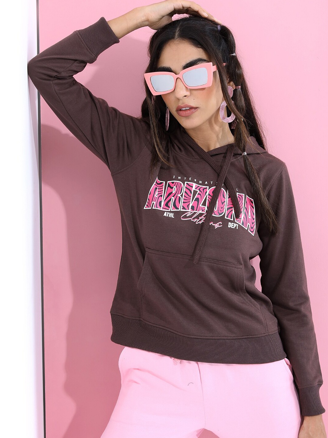 

Tokyo Talkies Women Brown Printed Hooded Sweatshirt