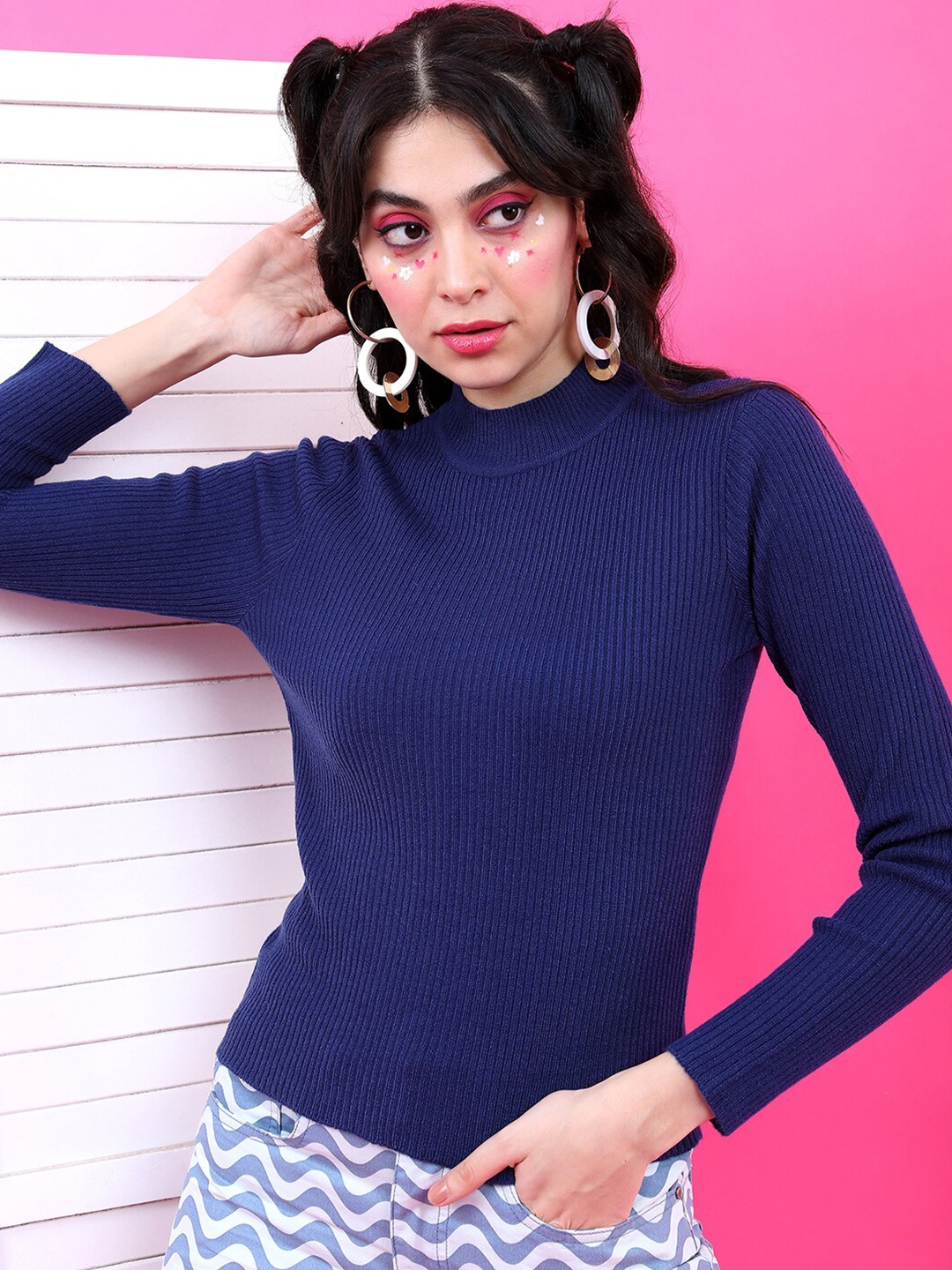 

Tokyo Talkies Women Navy Blue High Neck Acrylic Pullover