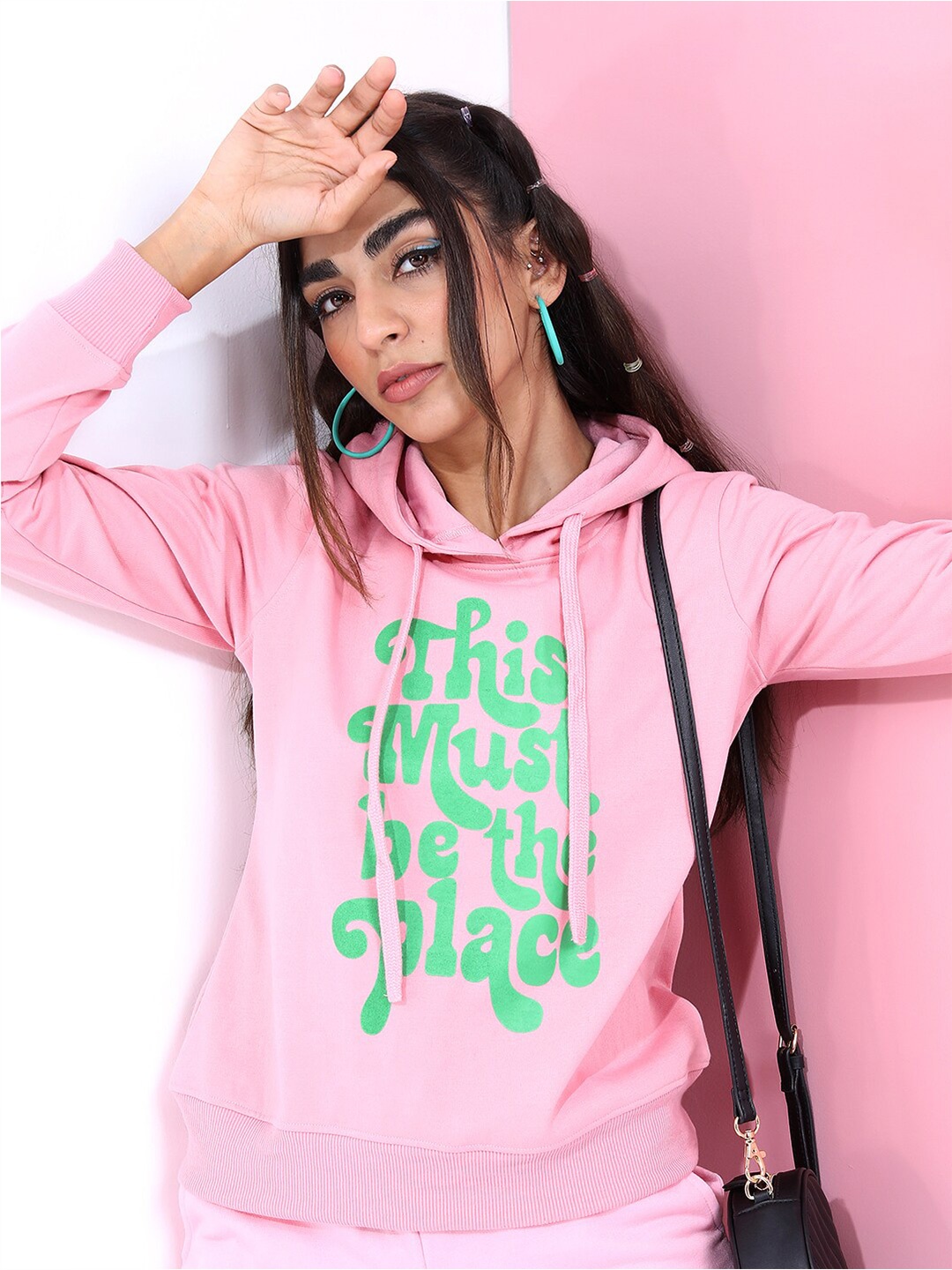 

Tokyo Talkies Women Pink Printed Hooded Sweatshirt