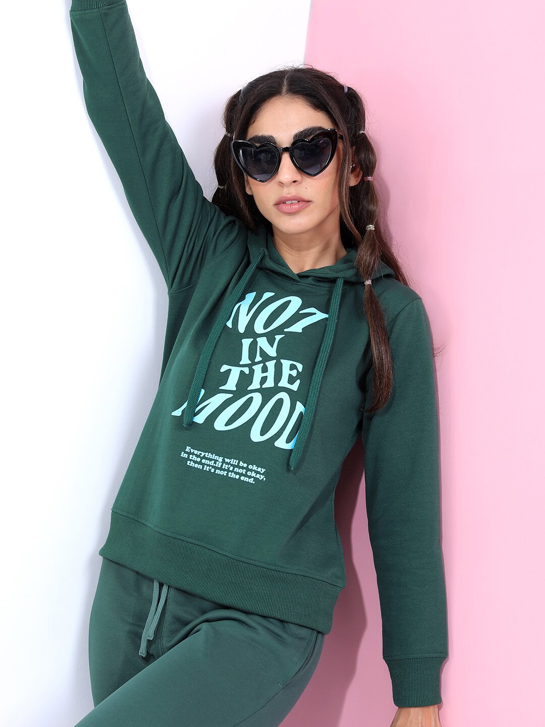 

Tokyo Talkies Women Green Printed Hooded Sweatshirt