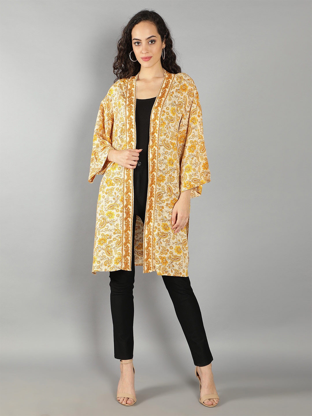 

DEBONATELLA Women Gold & Beige Floral Printed Longline Shrug