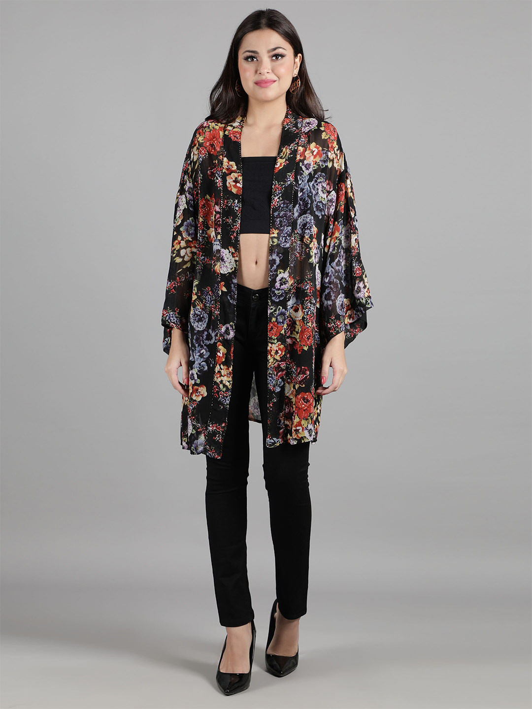 

DEBONATELLA Women Black & Red Floral Printed Embellished Longline Shrug