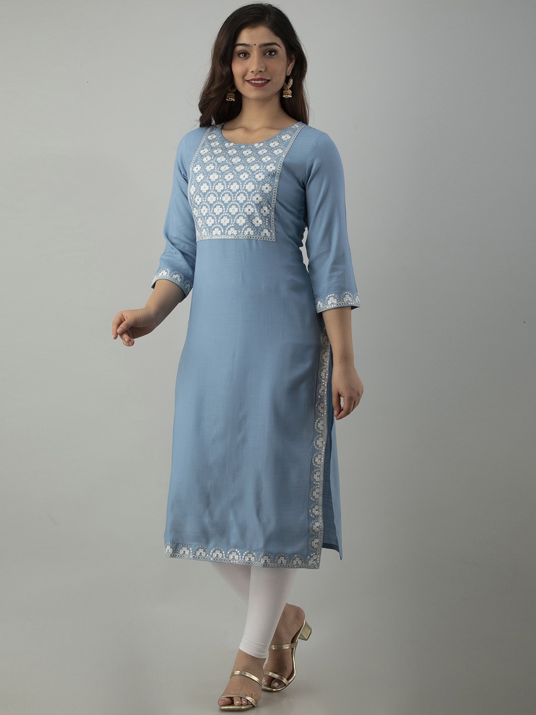 

ADORRO Women Blue Geometric Yoke Design Thread Work Kurta