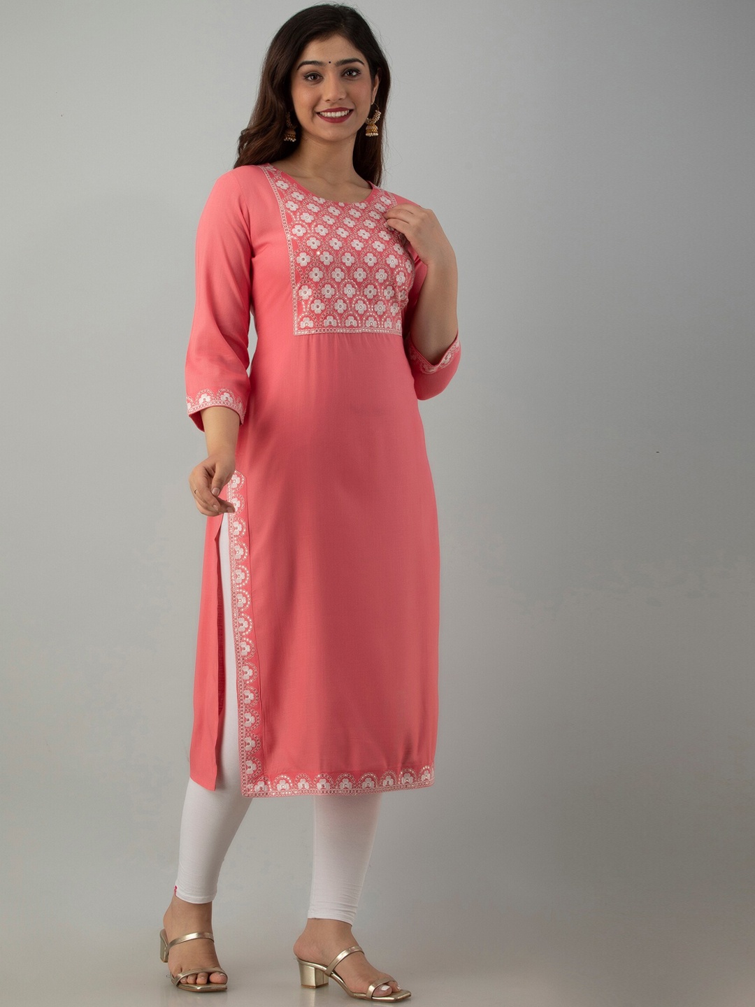 

ADORRO Women Peach-Coloured Solid Yoke Design Thread Work Straight Fit Kurta Kurta