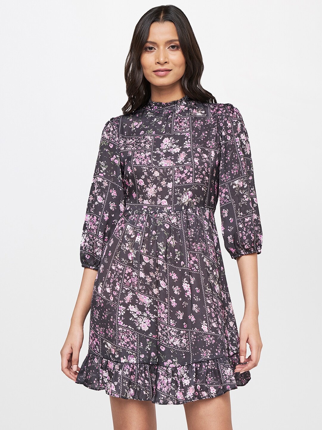 

AND Women Purple & Pink Floral Fit & Flare Dress