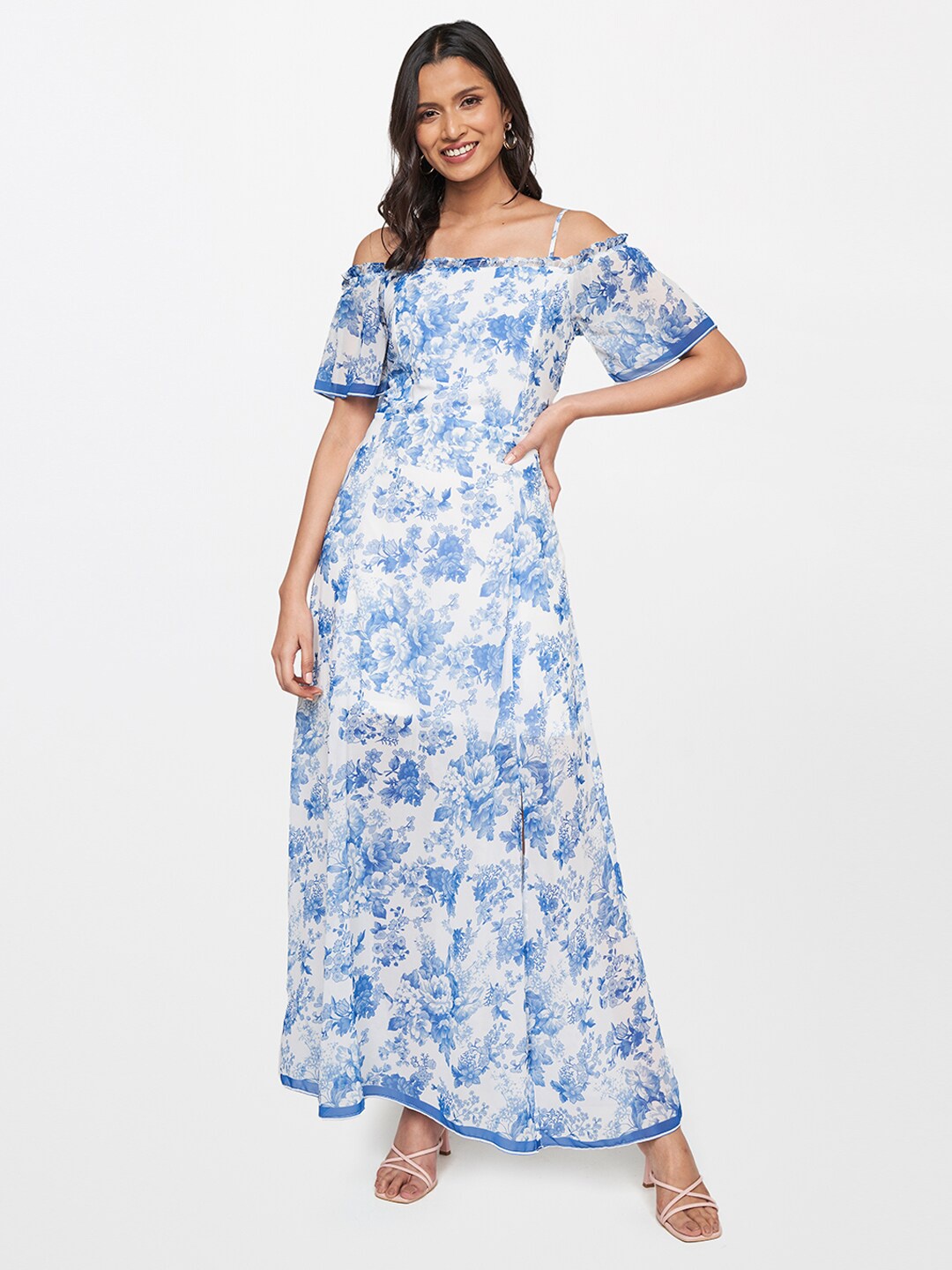 

AND White & Blue Floral Off-Shoulder Maxi Dress