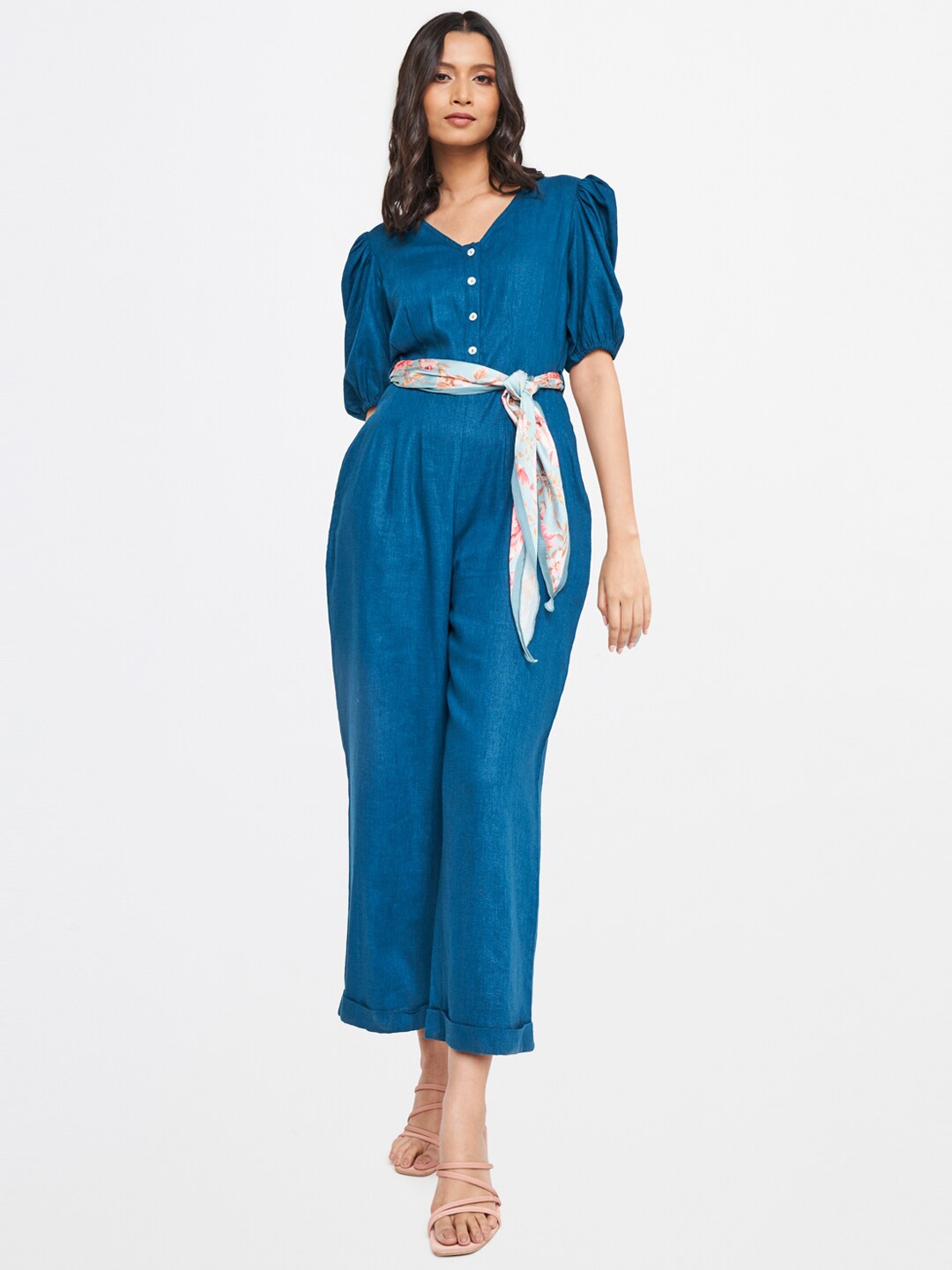 

AND Women Teal Linen Basic Jumpsuit