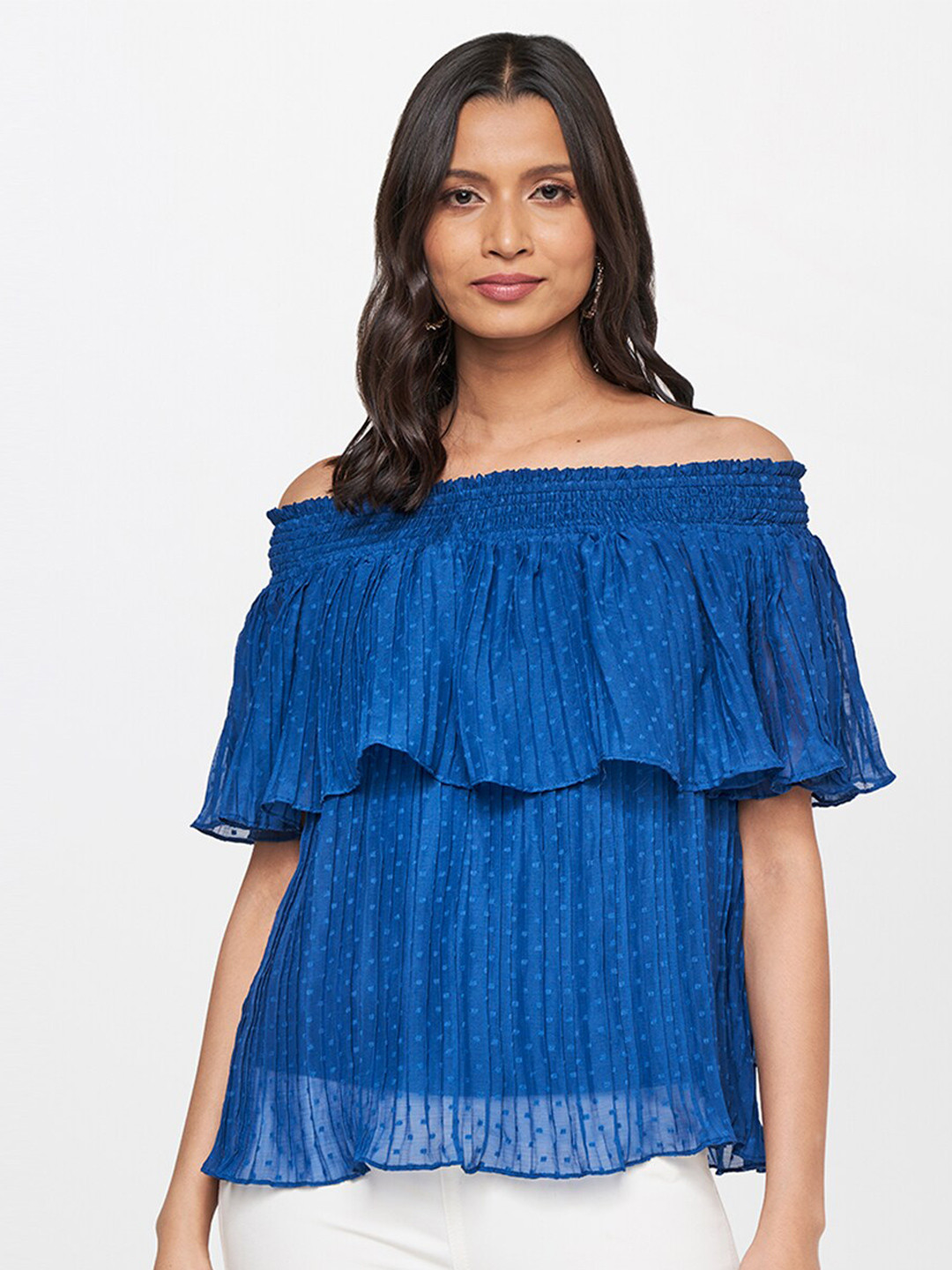 

AND Teal Women Geometric Off-Shoulder Bardot Top