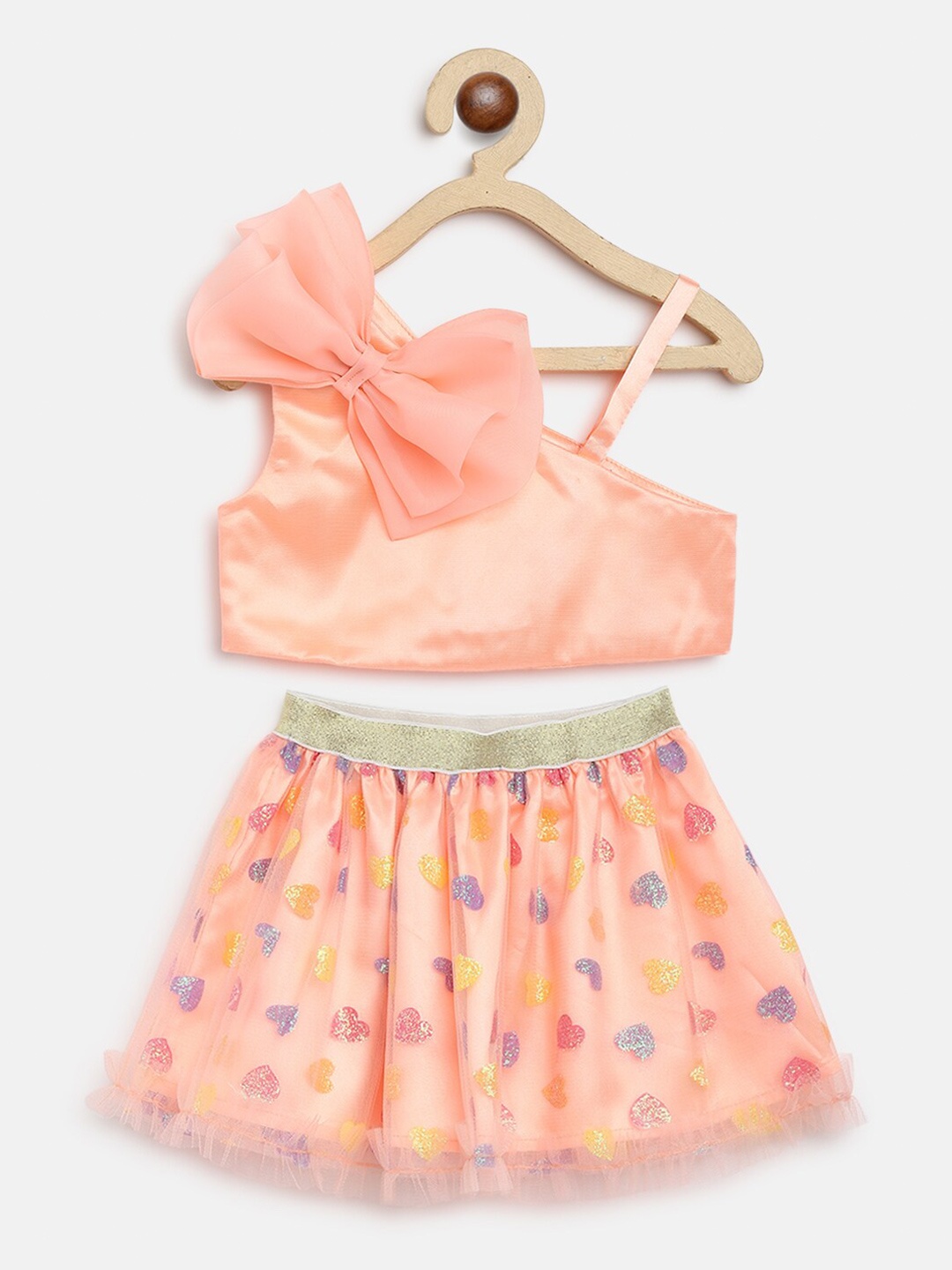 

Nauti Nati Girls Peach-Coloured & Yellow Top with Skirt