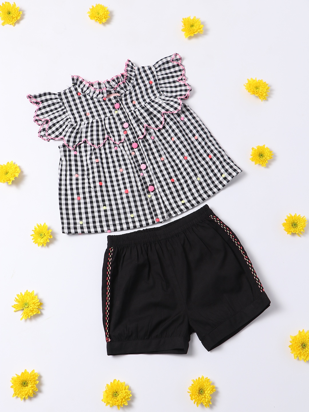 

Nauti Nati Girls Black & White Checked Pure Cotton Top with Shorts