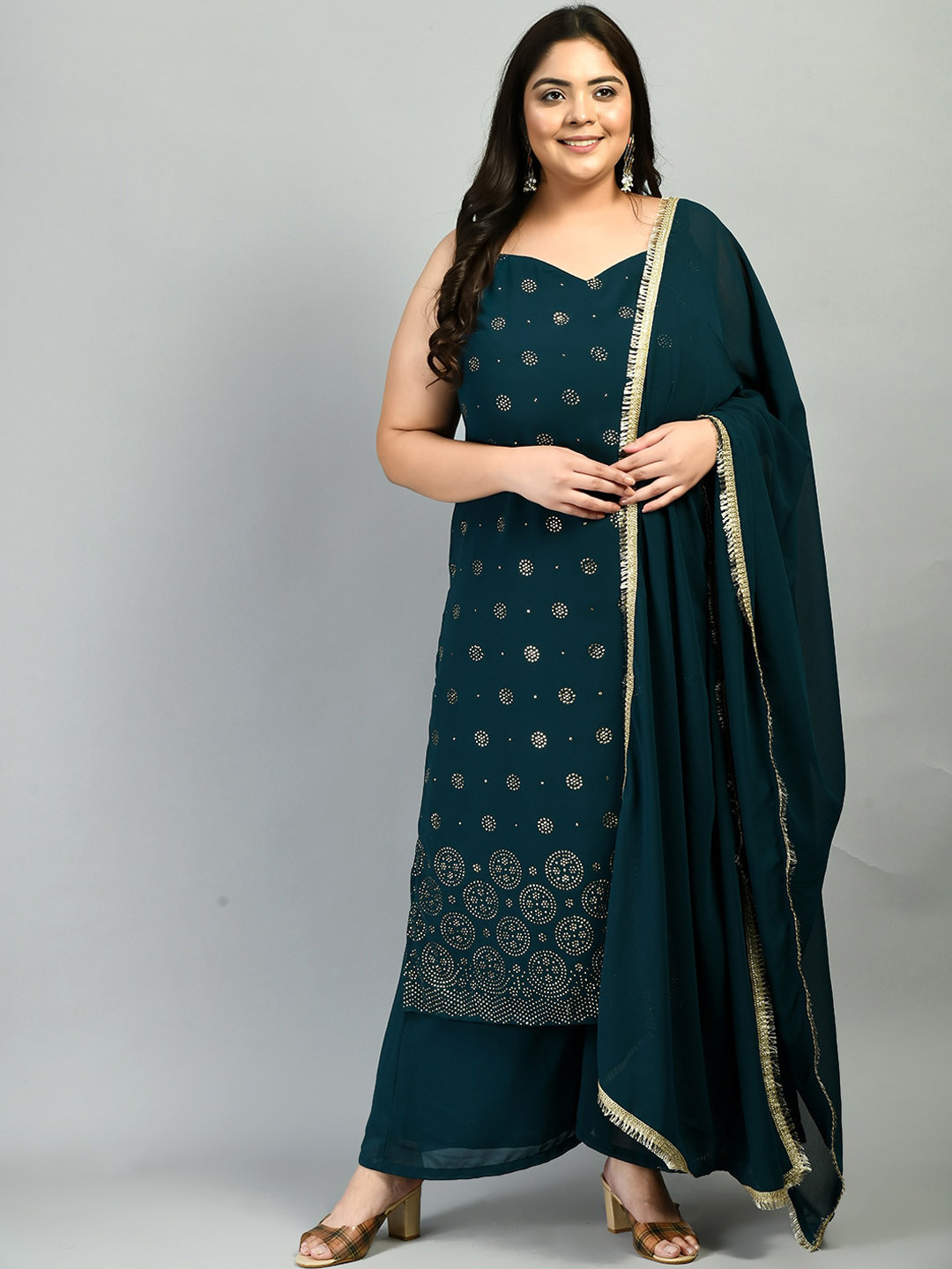 

PrettyPlus by Desinoor com Women Teal Printed Beads and Stones Kurta with Palazzos & With Dupatta