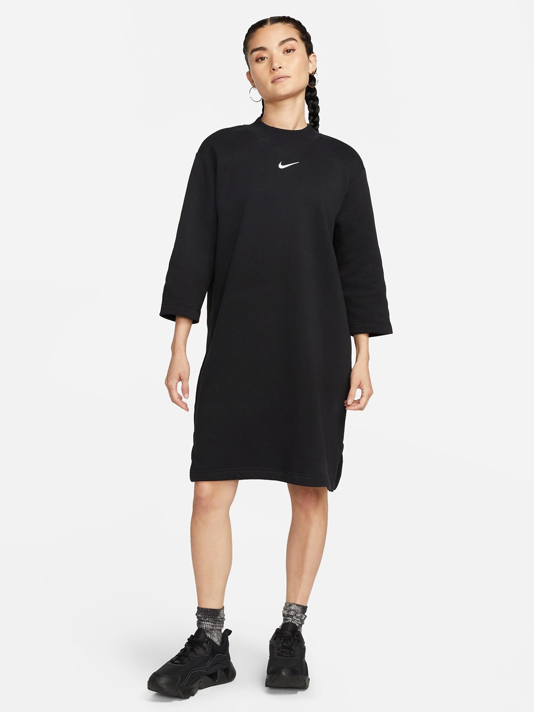

Nike Black Solid PHNX FLC 3Q T-shirt Dress