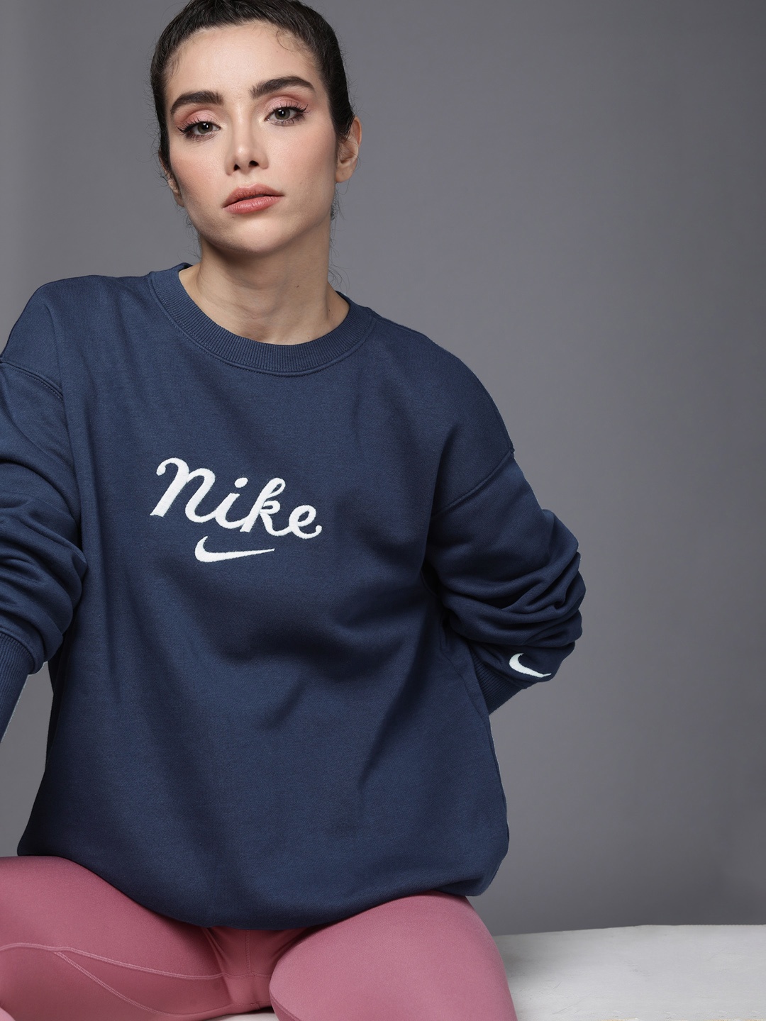 

Nike Women Navy Blue Logo Embroidered Oversized Sweatshirt