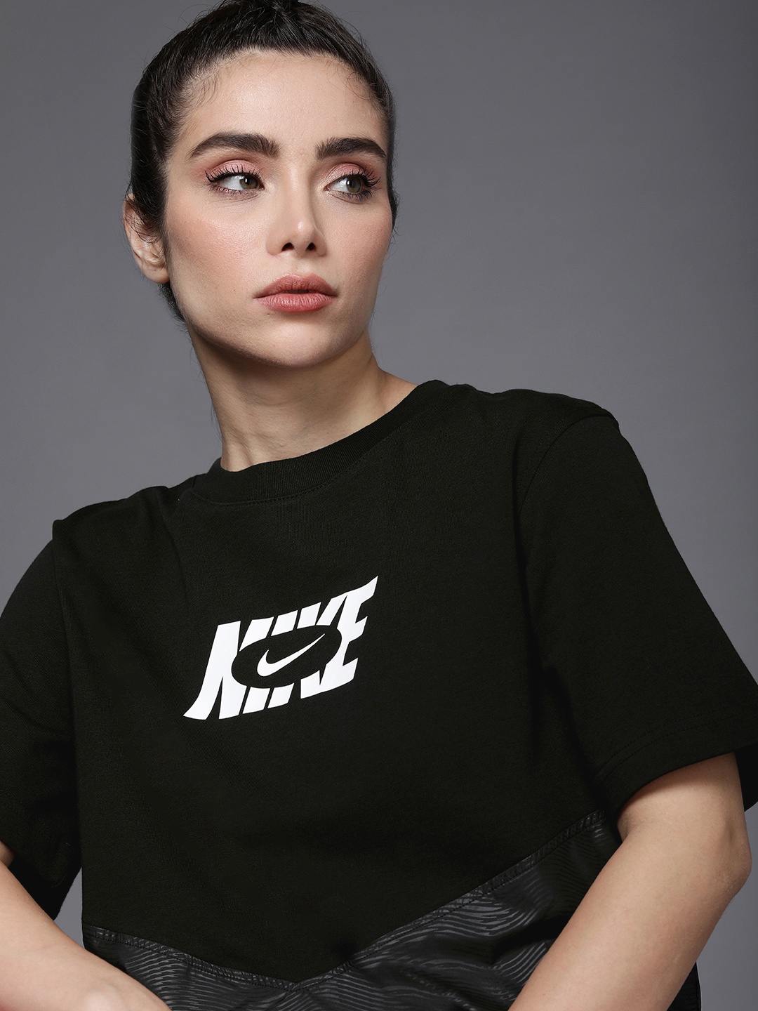 

Nike Black Brand Logo Print Pure Cotton Sportswear Boxy Crop Top