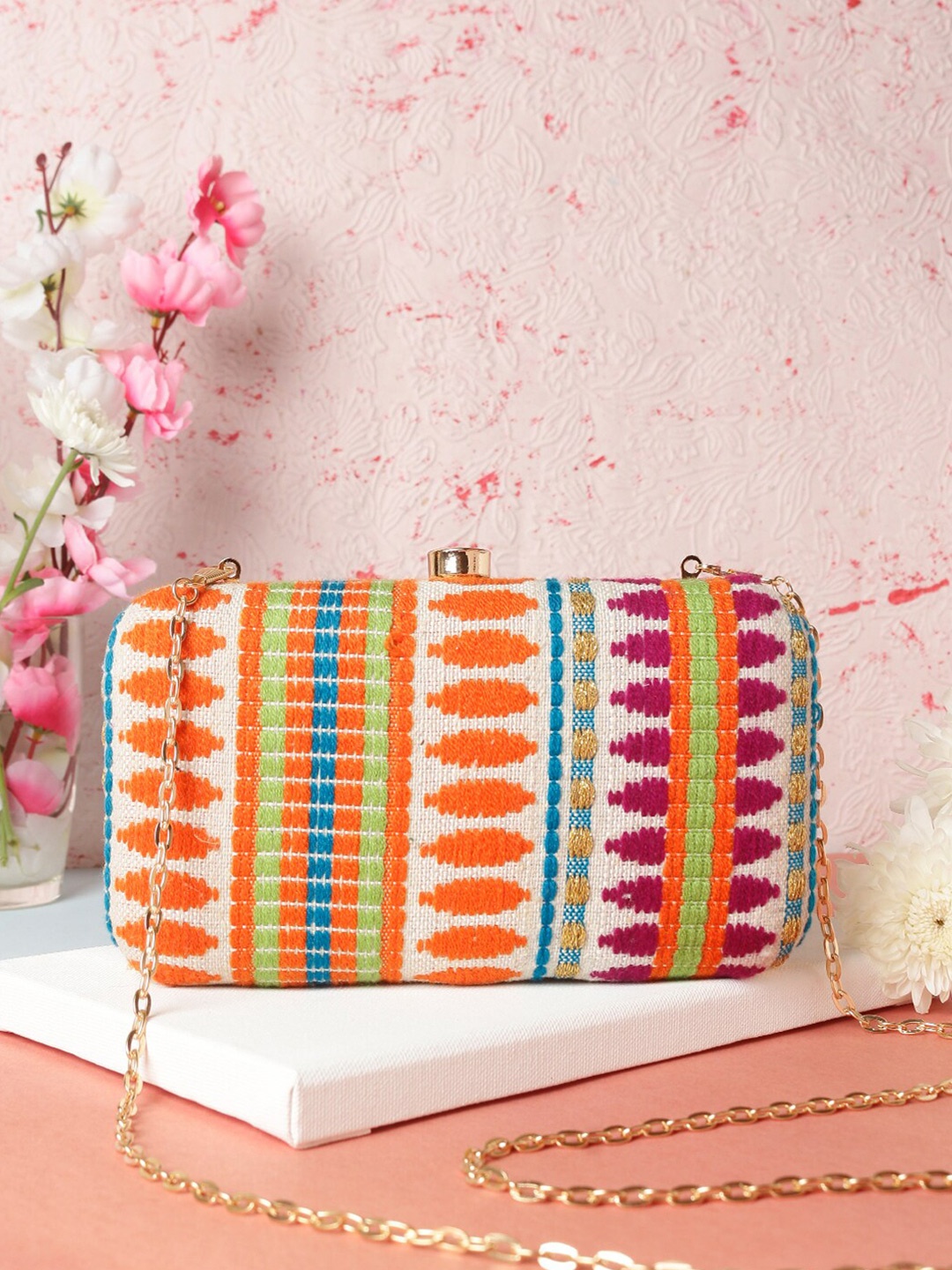

Swisni Cream-Coloured & Blue Embroidered Box Clutch